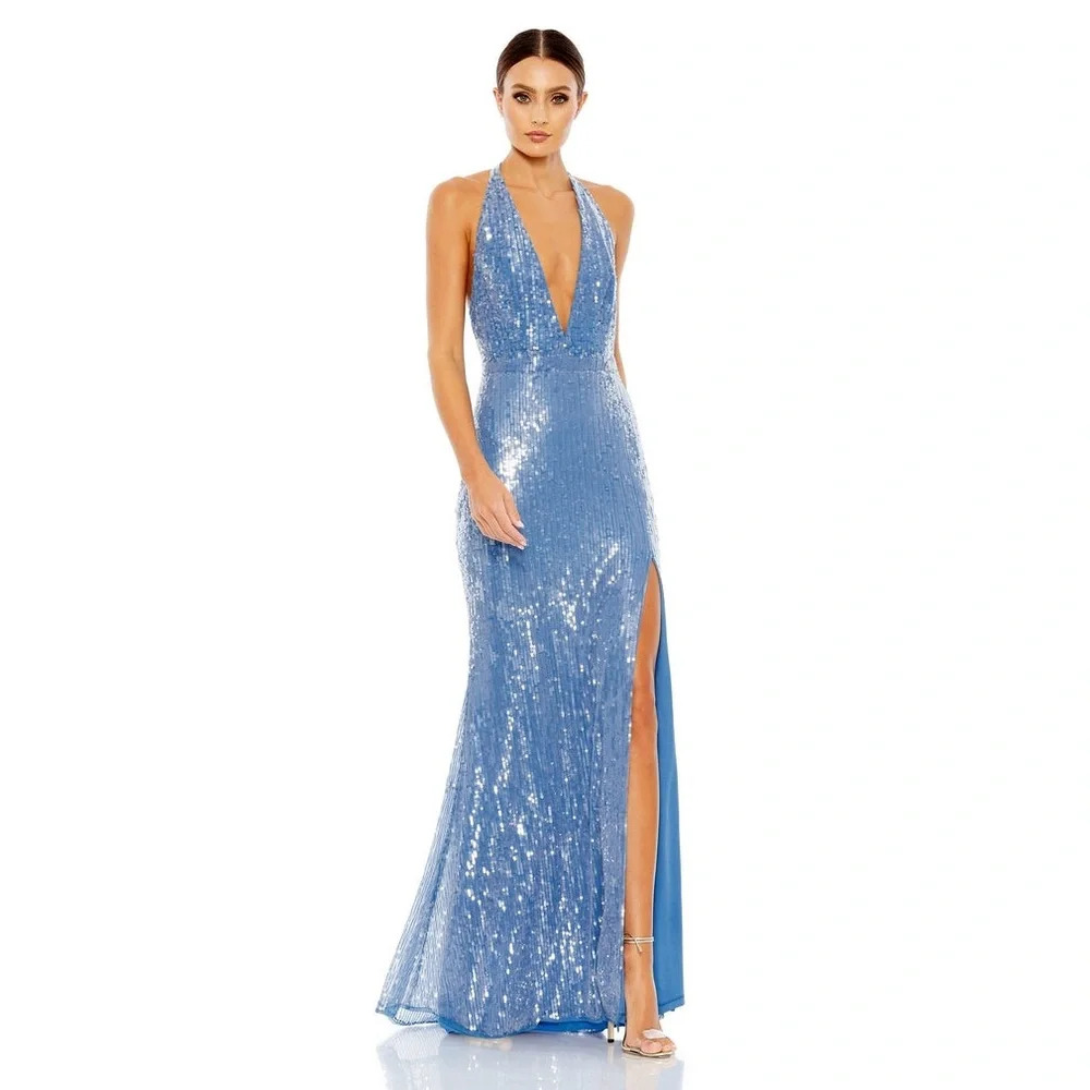 Mac Duggal Sequin Deep V-Neck Halter Gown In Cerulean Blue. Size 16. Nwt